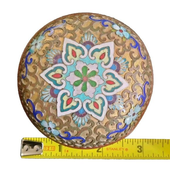 Vintage Cloisonné Round Trinket Box With Floral Enamel Design - Picture 5 of 6